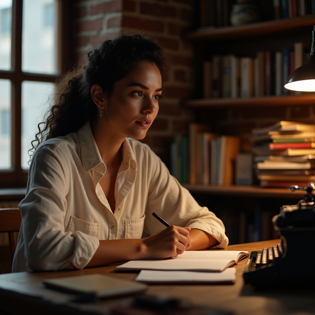 Participantă la atelier scriind într-un carnet, într-un studio cu lumină naturală