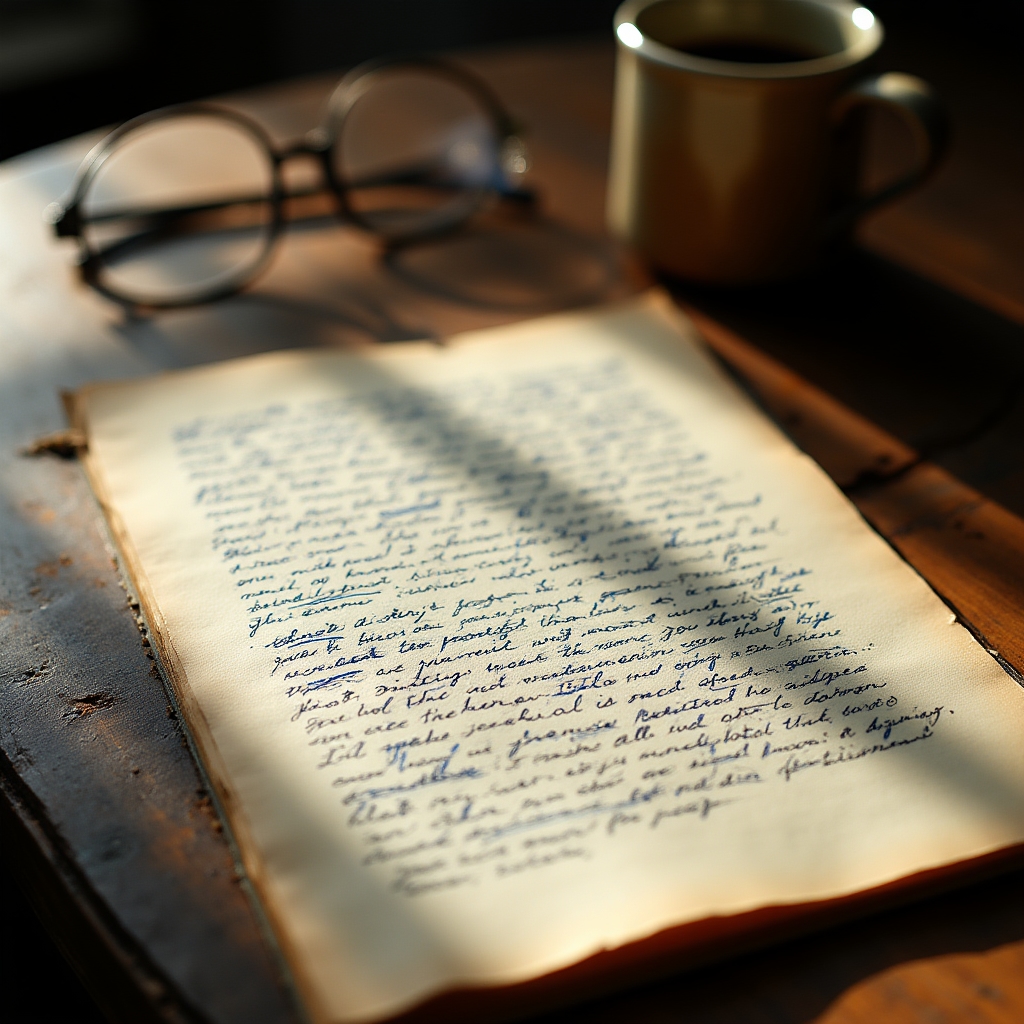 Manuscris cu însemnări de editare, ochelari și cană de cafea pe un birou de lemn